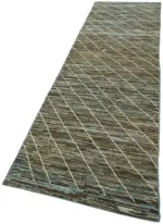 Tribal Modern Dizayn Mavi Pamuk Üzerine Yün El Dokuma Halı-089x341 - Görsel 3