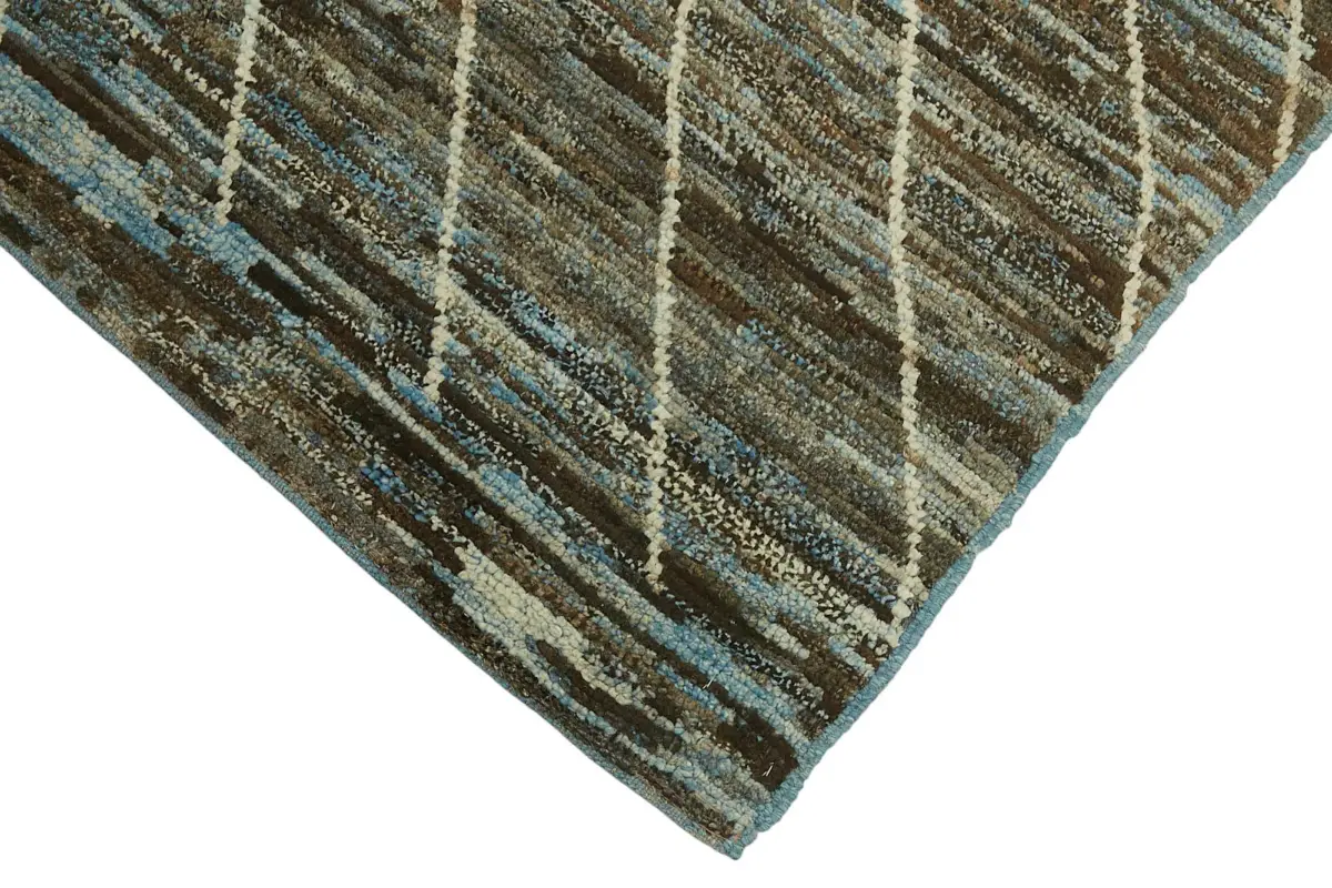 Tribal Modern Dizayn Mavi Pamuk Üzerine Yün El Dokuma Halı-089x341 - Görsel 4