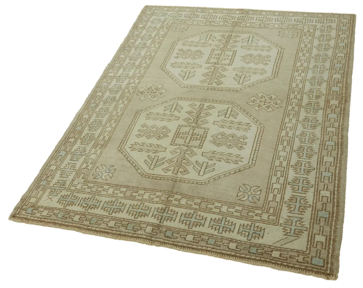 Anadolu Eskitme Bej Pamuk Üzerine Yün El Dokuma Halı-127x180 - Görsel 3