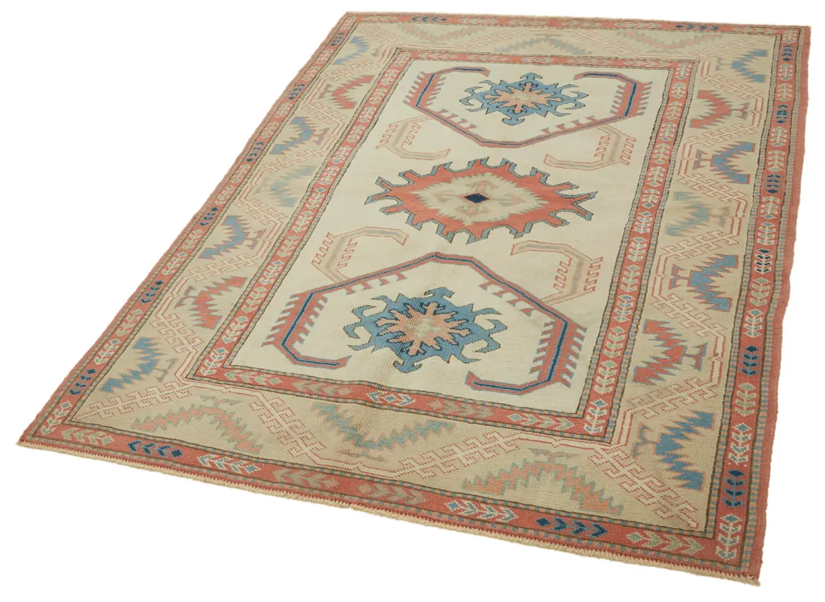 Anadolu Eskitme Bej Pamuk Üzerine Yün El Dokuma Halı-145x202 - Görsel 3