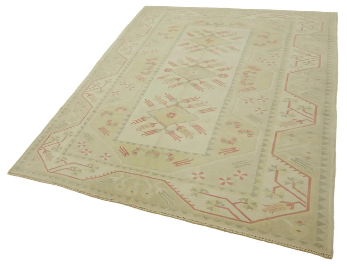 Anadolu Eskitme Bej Pamuk Üzerine Yün El Dokuma Halı-196x270 - Görsel 3