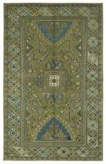 Anadolu Eskitme Yeşil Pamuk Üzerine Yün El Dokuma Halı-196x310