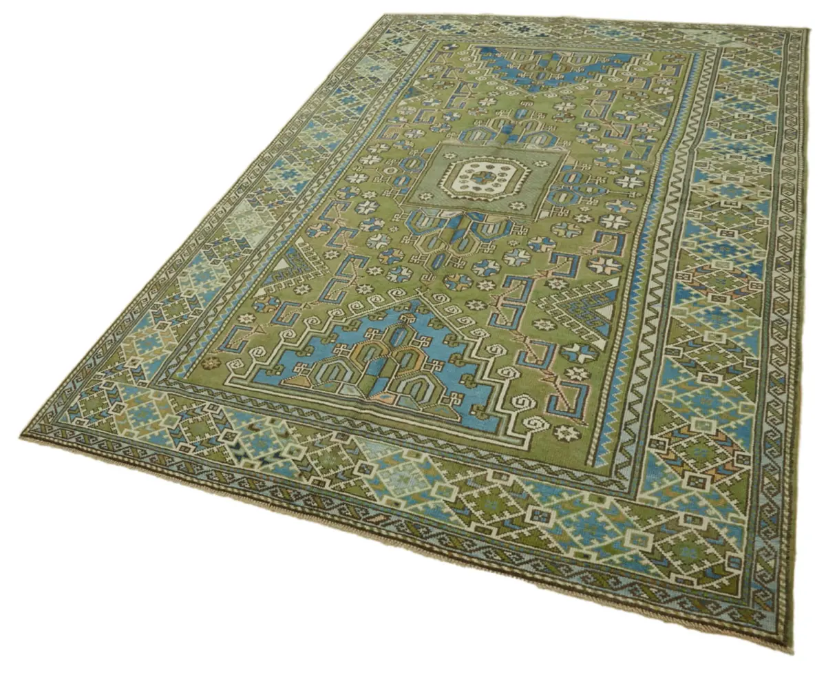 Anadolu Eskitme Yeşil Pamuk Üzerine Yün El Dokuma Halı-196x310 - Görsel 3