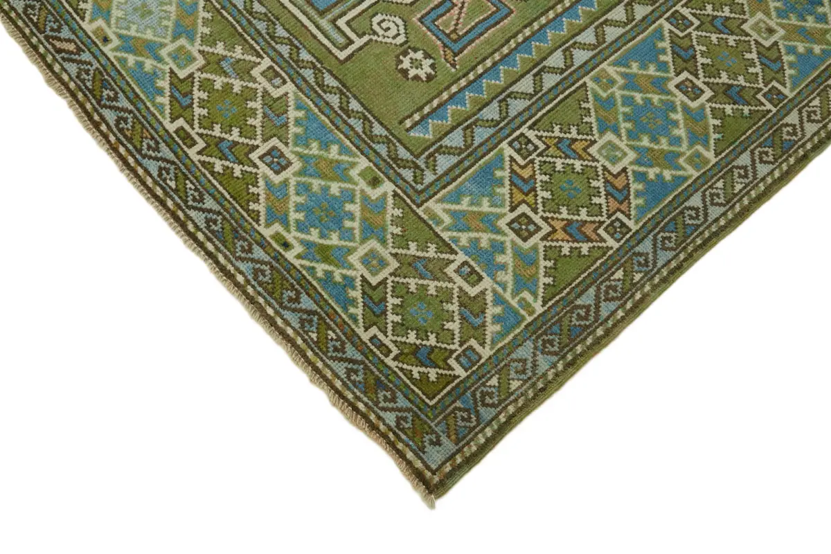 Anadolu Eskitme Yeşil Pamuk Üzerine Yün El Dokuma Halı-196x310 - Görsel 4