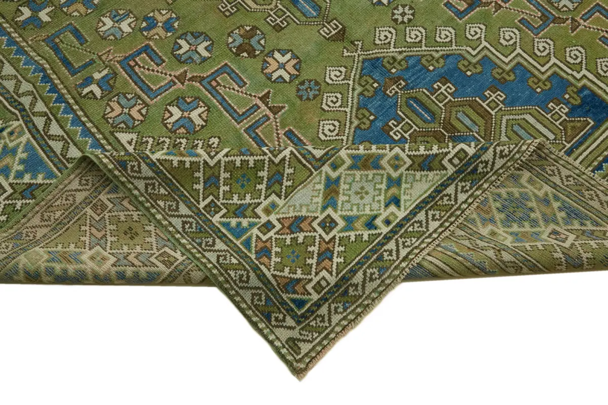 Anadolu Eskitme Yeşil Pamuk Üzerine Yün El Dokuma Halı-196x310 - Görsel 6
