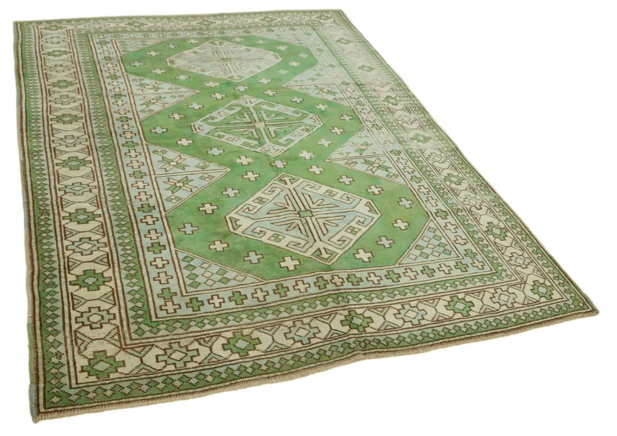 Anadolu Eskitme Yeşil Pamuk Üzerine Yün El Dokuma Halı-188x253 - Görsel 2