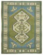 Anadolu Eskitme Yeşil Pamuk Üzerine Yün El Dokuma Halı-187x241