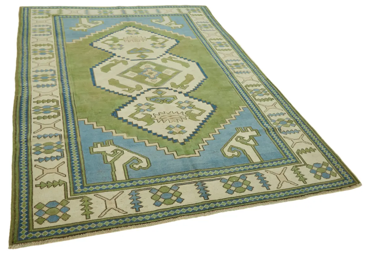 Anadolu Eskitme Yeşil Pamuk Üzerine Yün El Dokuma Halı-187x241 - Görsel 2