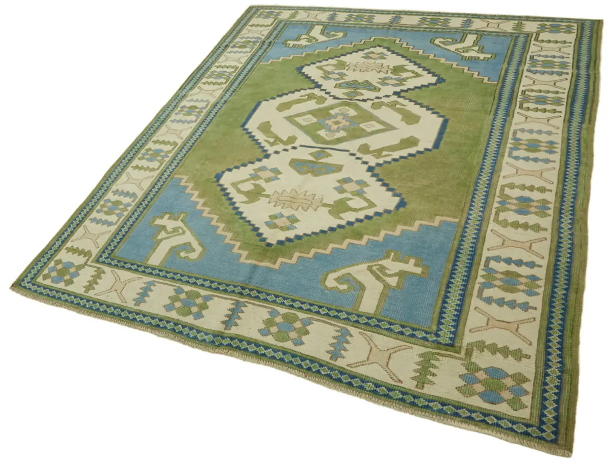 Anadolu Eskitme Yeşil Pamuk Üzerine Yün El Dokuma Halı-187x241 - Görsel 3