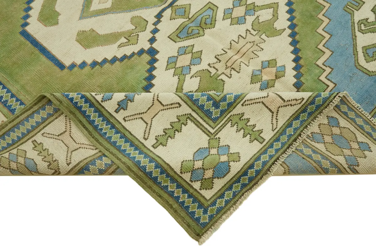 Anadolu Eskitme Yeşil Pamuk Üzerine Yün El Dokuma Halı-187x241 - Görsel 6