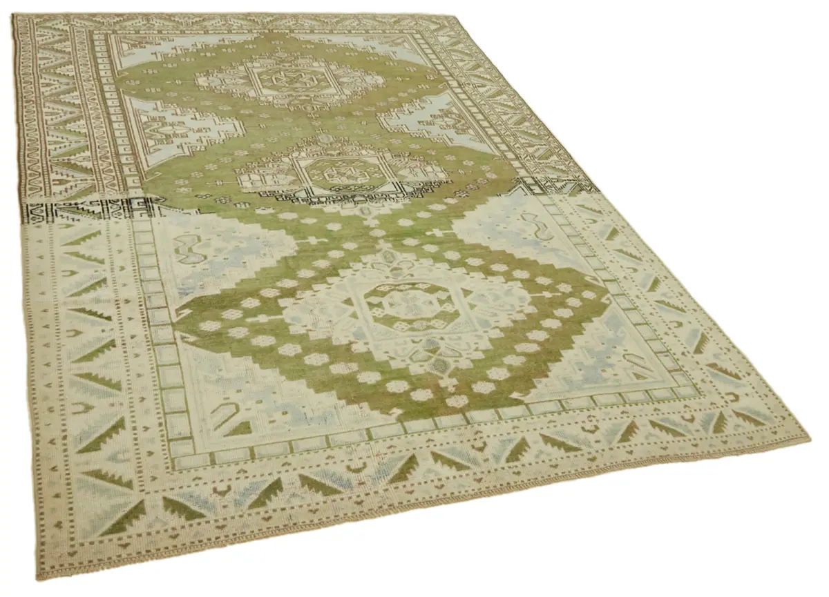 Anadolu Eskitme Yeşil Pamuk Üzerine Yün El Dokuma Halı-186x271 - Görsel 2