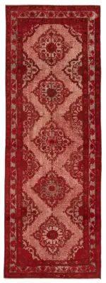 Oyma Kırmızı Pamuk Üzerine Yün El Dokuma Kilim-144x404