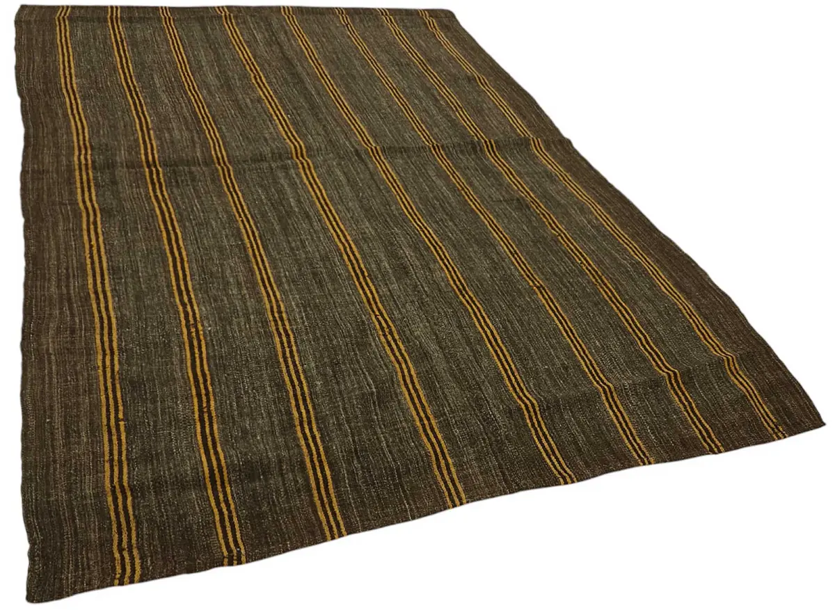 Kıl Çizgili Kahverengi Keçi Kılı İpliğinden El Dokuma Kilim-183x270 - Görsel 2