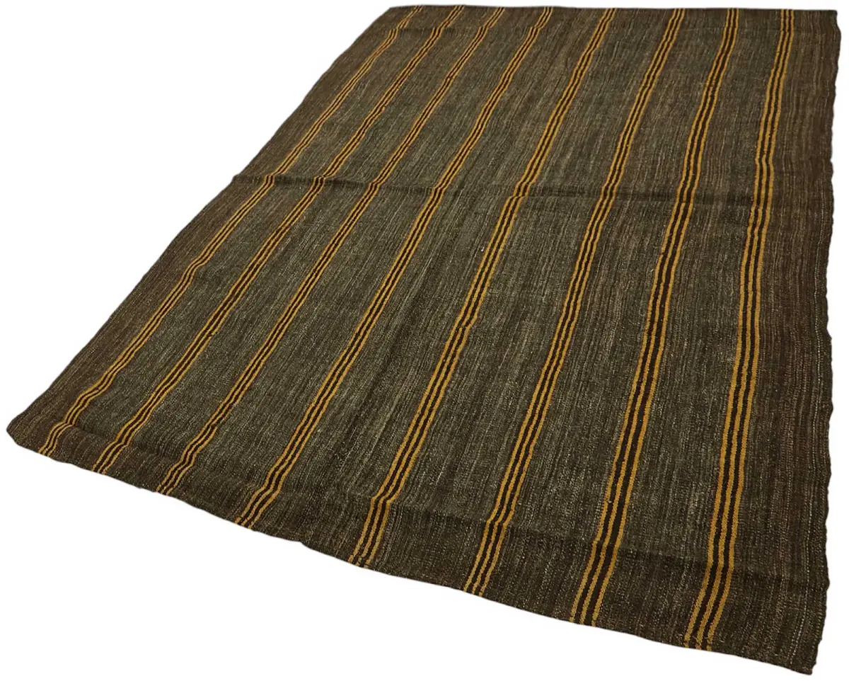 Kıl Çizgili Kahverengi Keçi Kılı İpliğinden El Dokuma Kilim-183x270 - Görsel 3