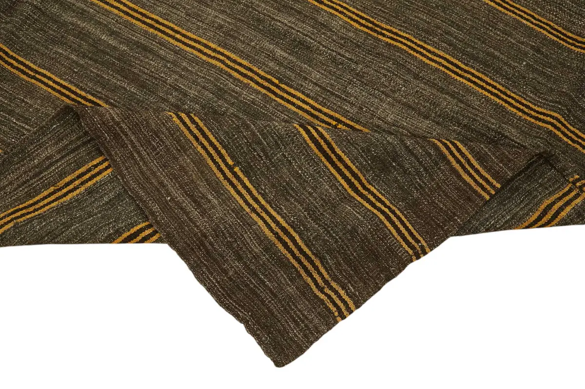 Kıl Çizgili Kahverengi Keçi Kılı İpliğinden El Dokuma Kilim-183x270 - Görsel 6