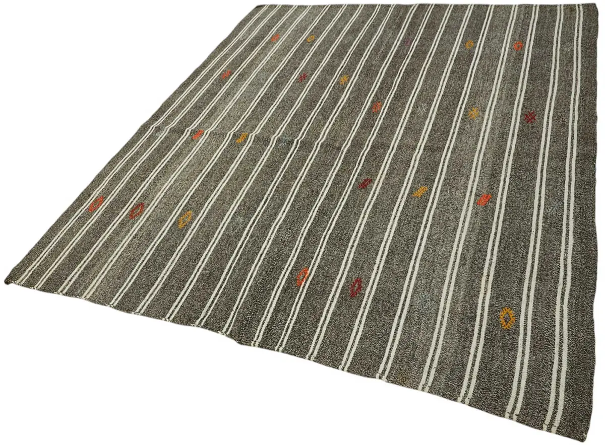 Kıl Çizgili Gri Keçi Kılı İpliğinden El Dokuma Kilim-185x222 - Görsel 3
