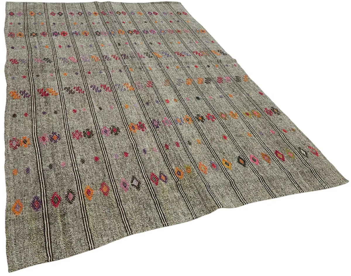 Kıl Çizgili Gri Keçi Kılı İpliğinden El Dokuma Kilim-184x282 - Görsel 2