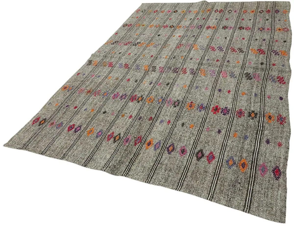 Kıl Çizgili Gri Keçi Kılı İpliğinden El Dokuma Kilim-184x282 - Görsel 3