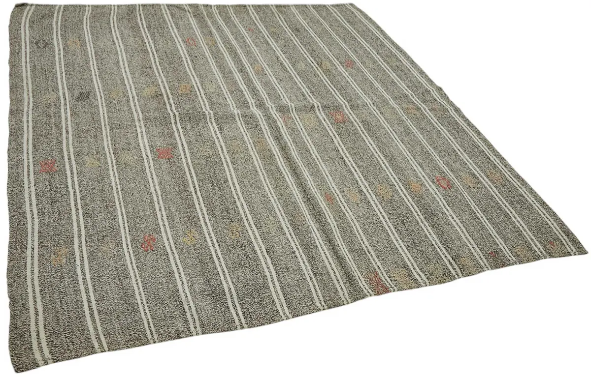 Kıl Çizgili Bej Keçi Kılı İpliğinden El Dokuma Kilim-193x200 - Görsel 2