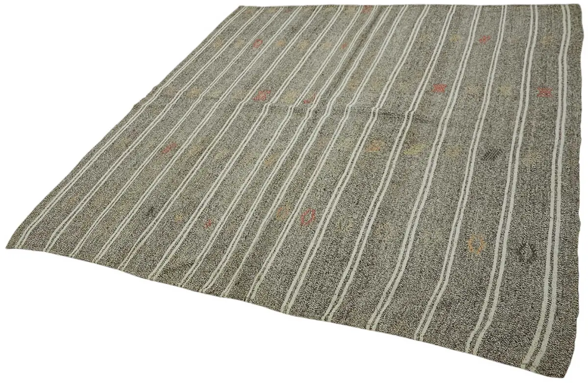 Kıl Çizgili Bej Keçi Kılı İpliğinden El Dokuma Kilim-193x200 - Görsel 3