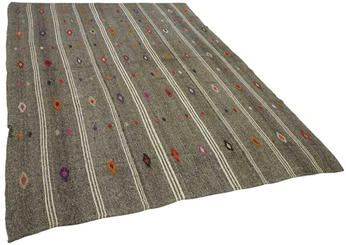 Kıl Çizgili Gri Keçi Kılı İpliğinden El Dokuma Kilim-205x295 - Görsel 2