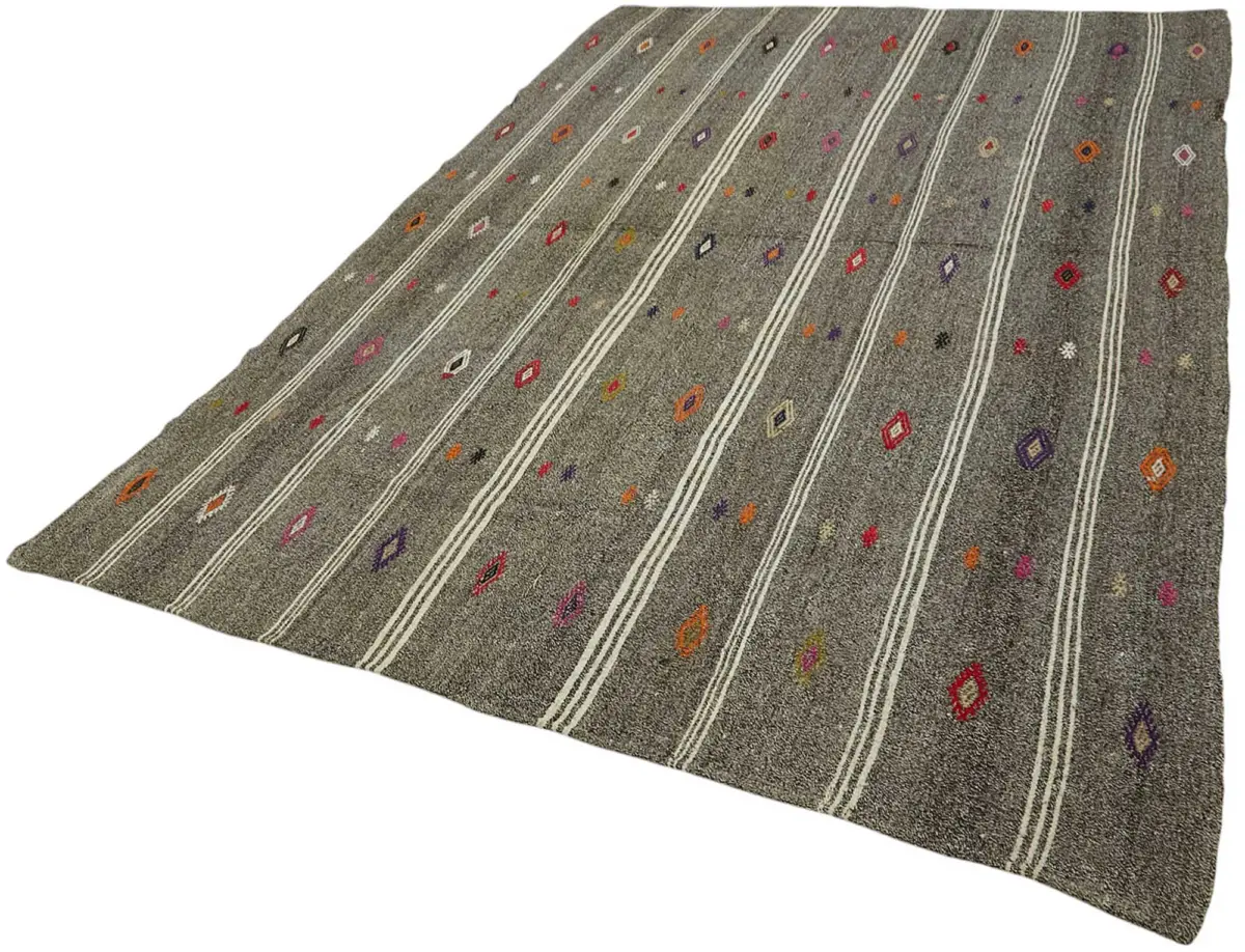 Kıl Çizgili Gri Keçi Kılı İpliğinden El Dokuma Kilim-205x295 - Görsel 3