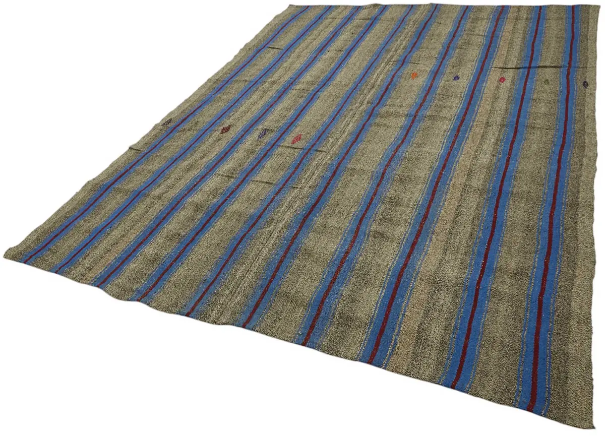 Kıl Çizgili Mavi Keçi Kılı İpliğinden El Dokuma Kilim-213x300 - Görsel 3