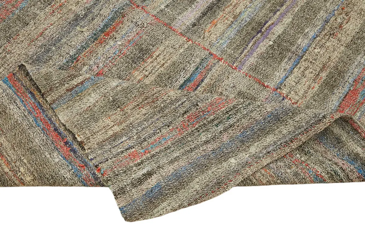 Chaput Çizgili Multi Renk Pamuk Üzerine Yün El Dokuma Kilim-172x230 - Görsel 6