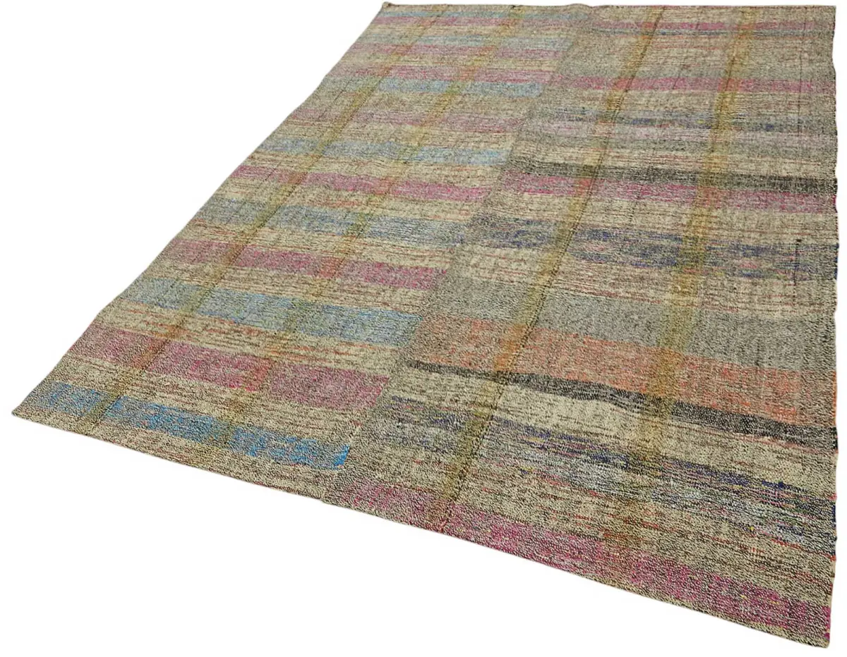 Chaput Çizgili Multi Renk Pamuk Üzerine Yün El Dokuma Kilim-181x256 - Görsel 3