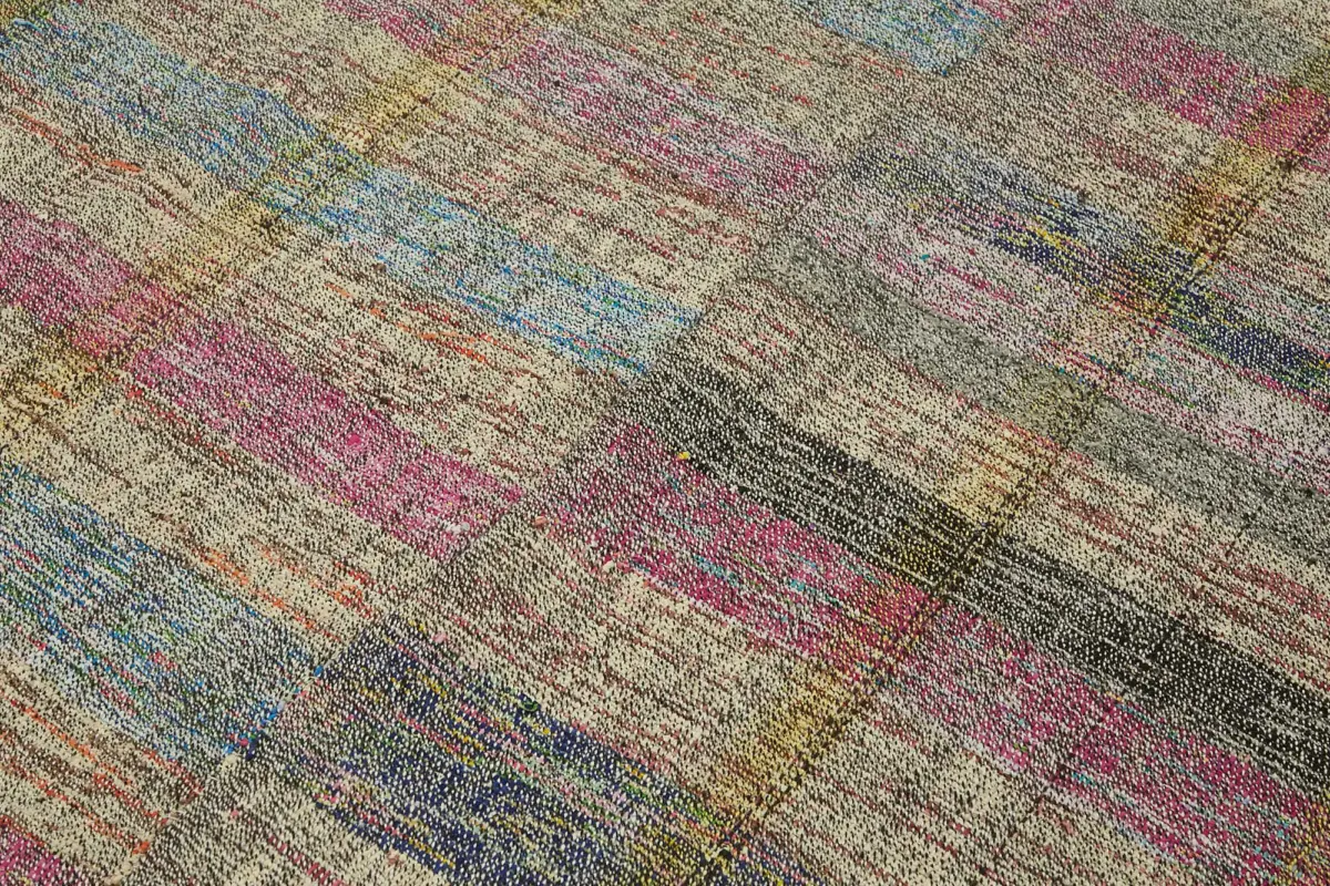 Chaput Çizgili Multi Renk Pamuk Üzerine Yün El Dokuma Kilim-181x256 - Görsel 5