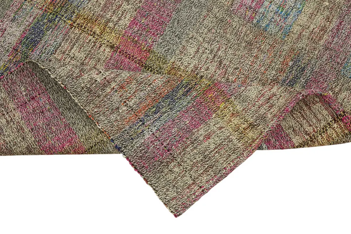 Chaput Çizgili Multi Renk Pamuk Üzerine Yün El Dokuma Kilim-181x256 - Görsel 6
