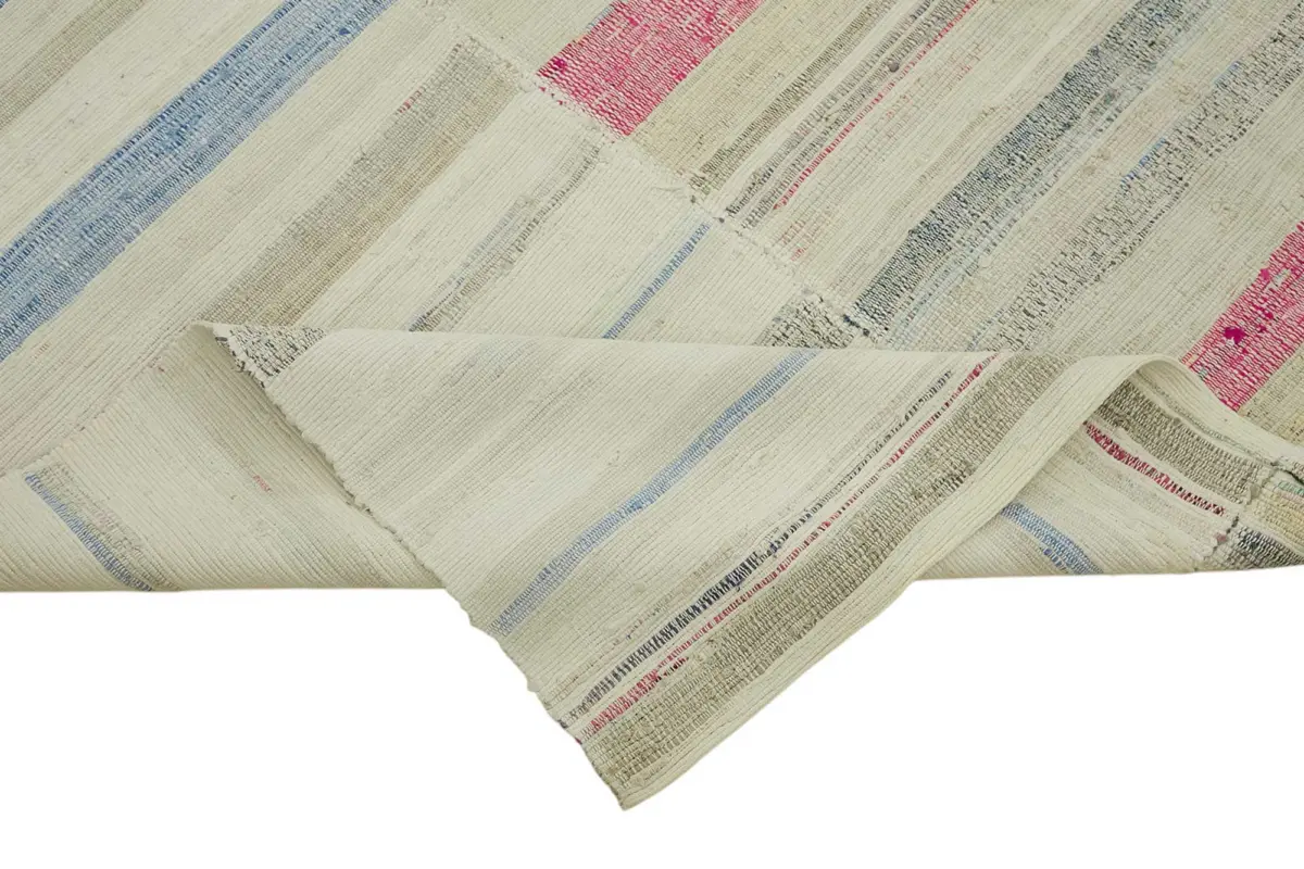 Chaput Çizgili Multi Renk Pamuk Üzerine Yün El Dokuma Kilim-192x280 - Görsel 6