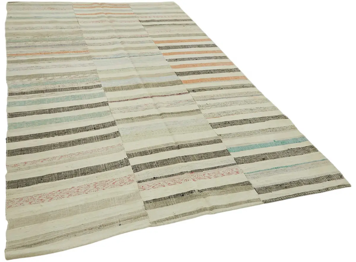 Chaput Çizgili Multi Renk Pamuk Üzerine Yün El Dokuma Kilim-188x306 - Görsel 2