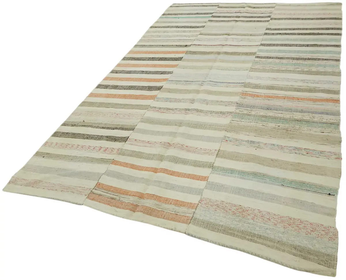 Chaput Çizgili Multi Renk Pamuk Üzerine Yün El Dokuma Kilim-188x306 - Görsel 3