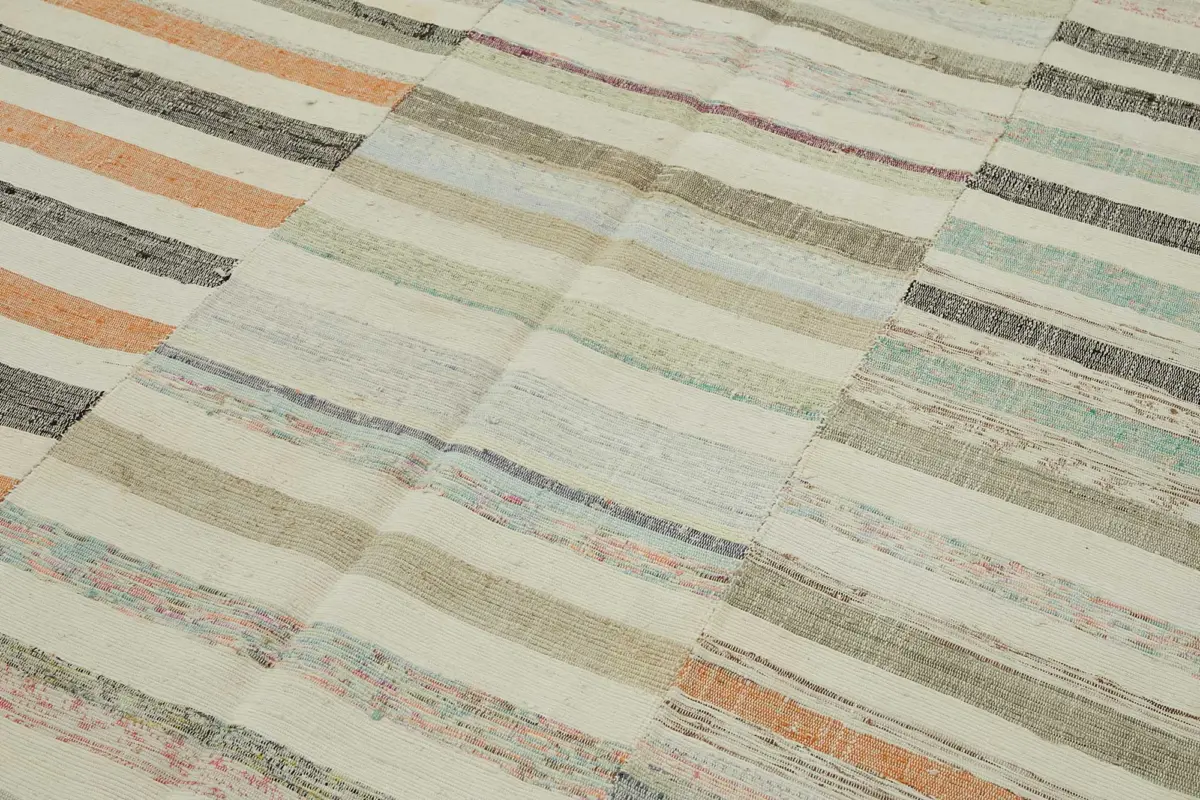 Chaput Çizgili Multi Renk Pamuk Üzerine Yün El Dokuma Kilim-188x306 - Görsel 5