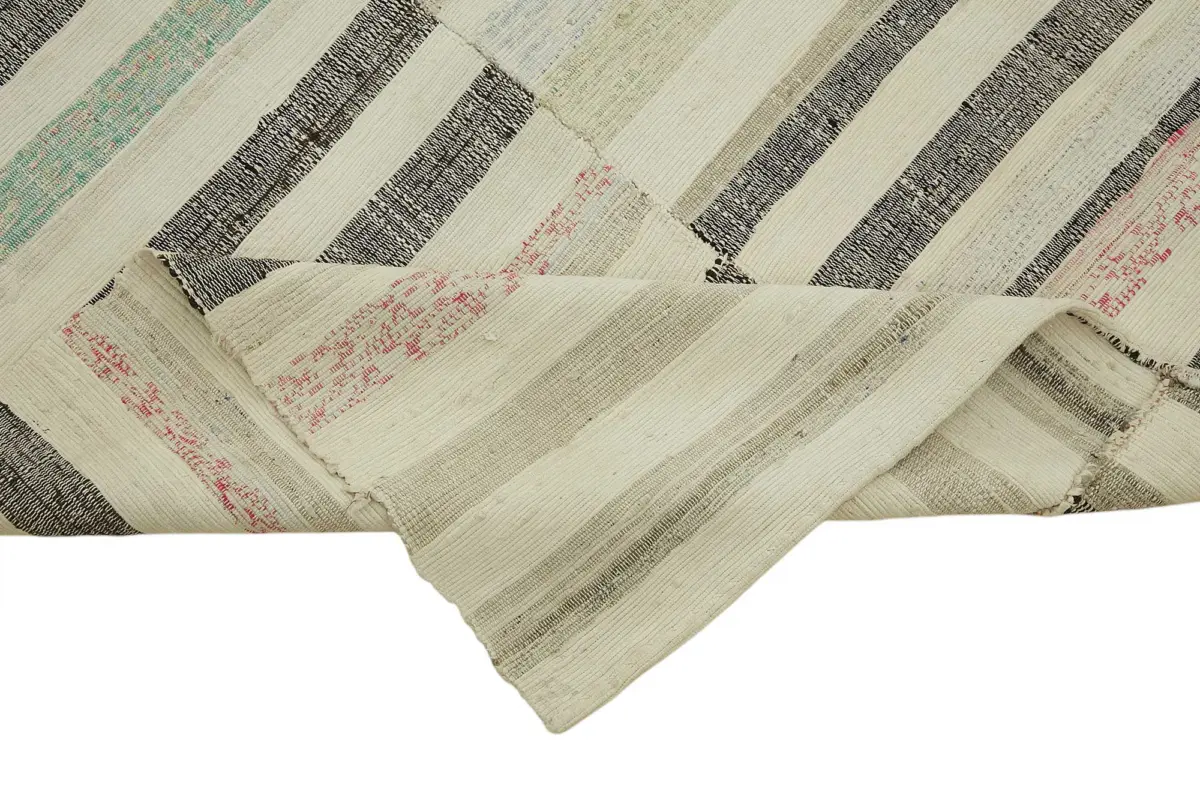 Chaput Çizgili Multi Renk Pamuk Üzerine Yün El Dokuma Kilim-188x306 - Görsel 6