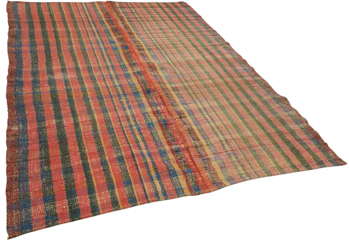 Chaput Çizgili Multi Renk Pamuk Üzerine Yün El Dokuma Kilim-205x297 - Görsel 2