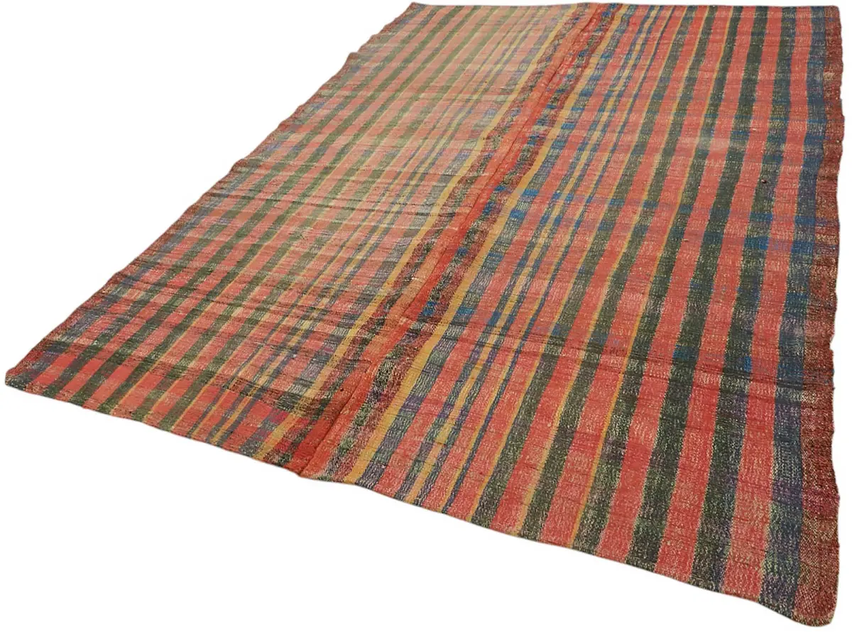 Chaput Çizgili Multi Renk Pamuk Üzerine Yün El Dokuma Kilim-205x297 - Görsel 3