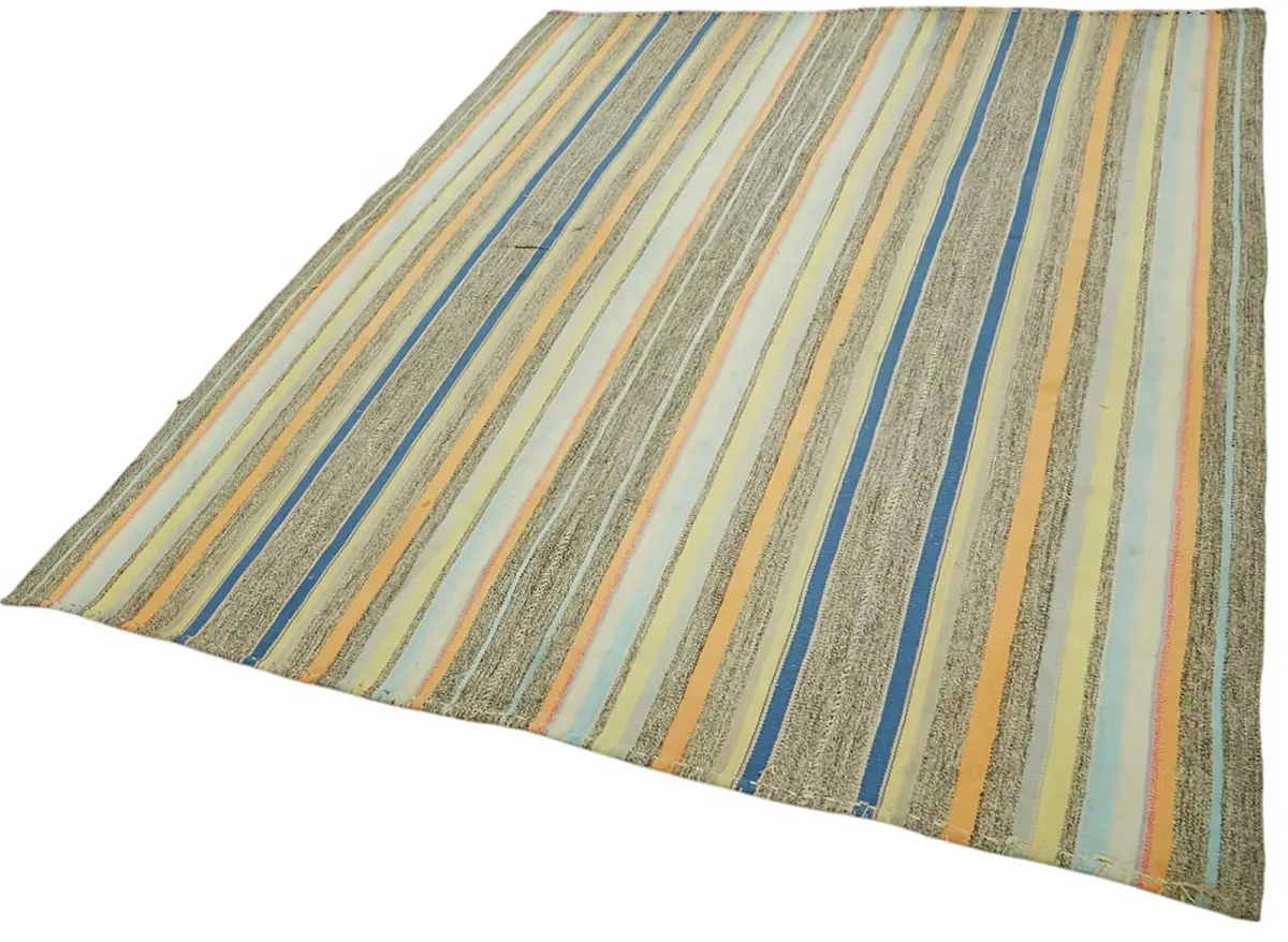 Chaput Çizgili Multi Renk Pamuk Üzerine Yün El Dokuma Kilim-174x223 - Görsel 3