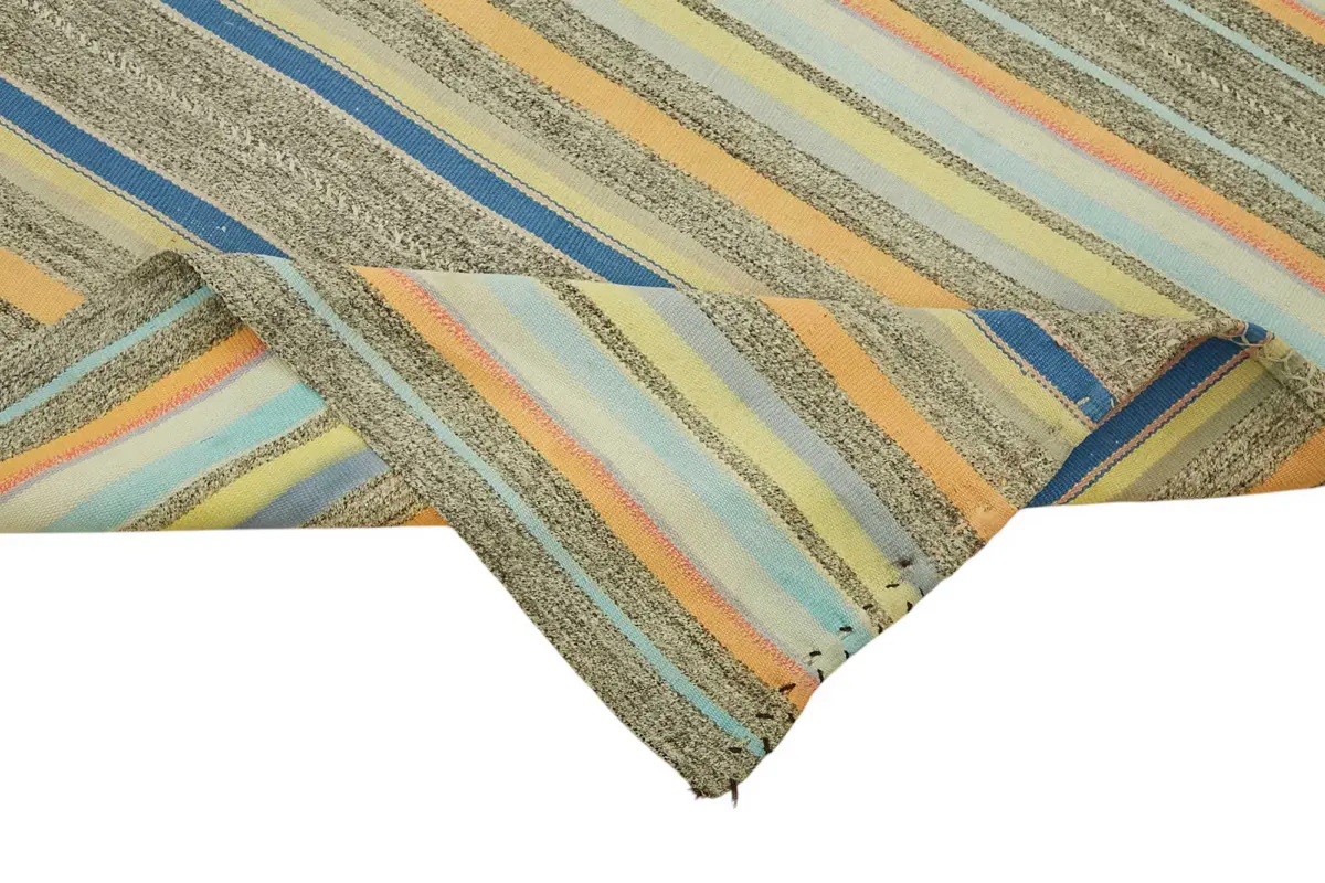 Chaput Çizgili Multi Renk Pamuk Üzerine Yün El Dokuma Kilim-174x223 - Görsel 6