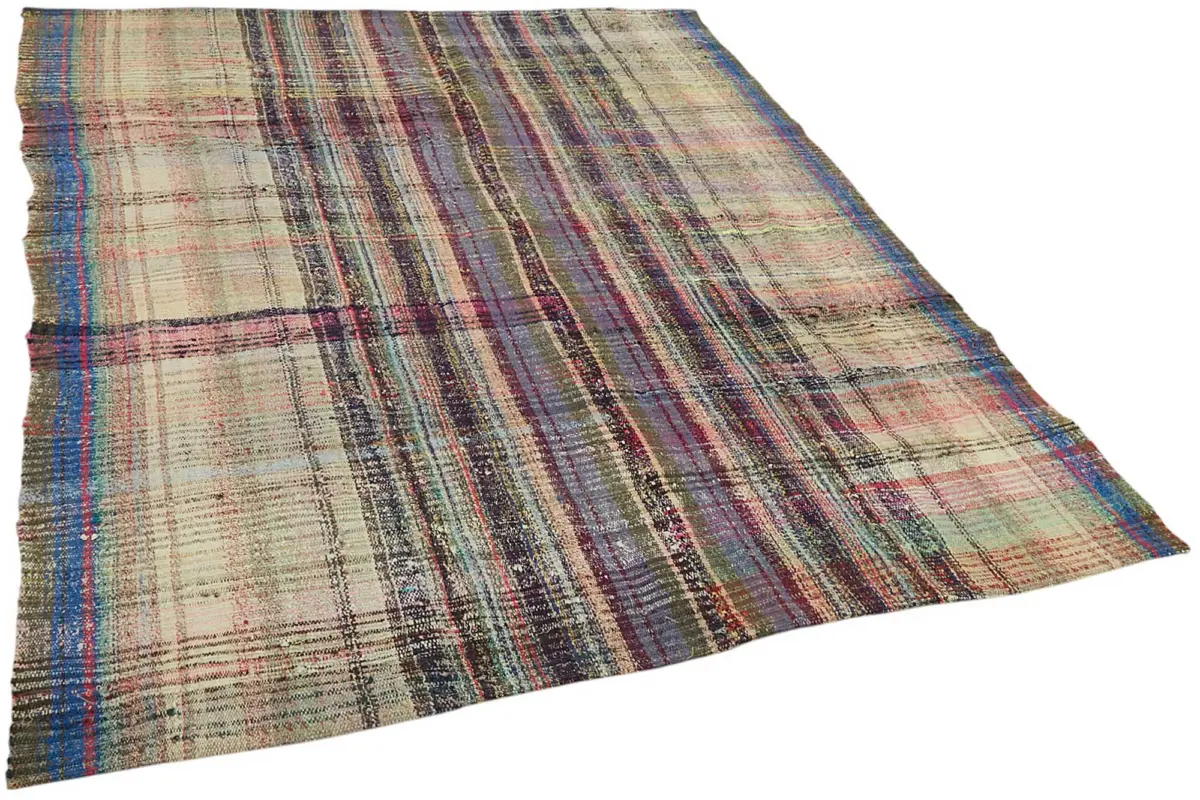 Chaput Çizgili Multi Renk Pamuk Üzerine Yün El Dokuma Kilim-197x238 - Görsel 2