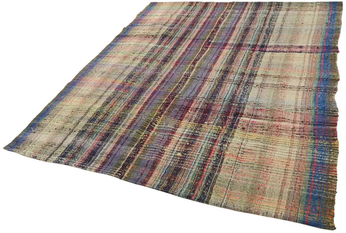 Chaput Çizgili Multi Renk Pamuk Üzerine Yün El Dokuma Kilim-197x238 - Görsel 3