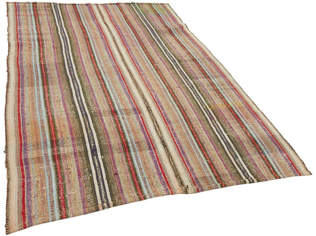 Chaput Çizgili Multi Renk Pamuk Üzerine Yün El Dokuma Kilim-170x246 - Görsel 2