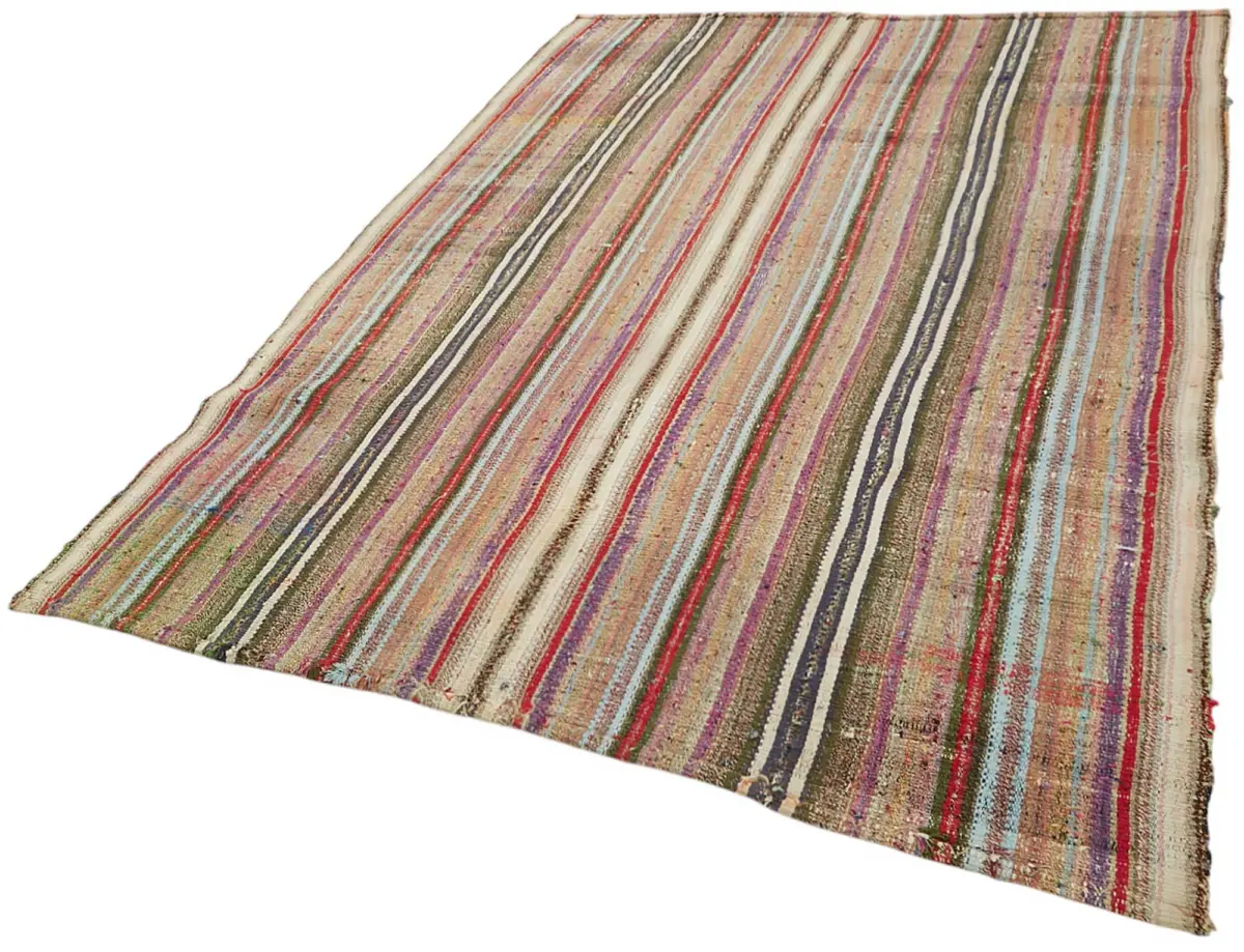 Chaput Çizgili Multi Renk Pamuk Üzerine Yün El Dokuma Kilim-170x246 - Görsel 3