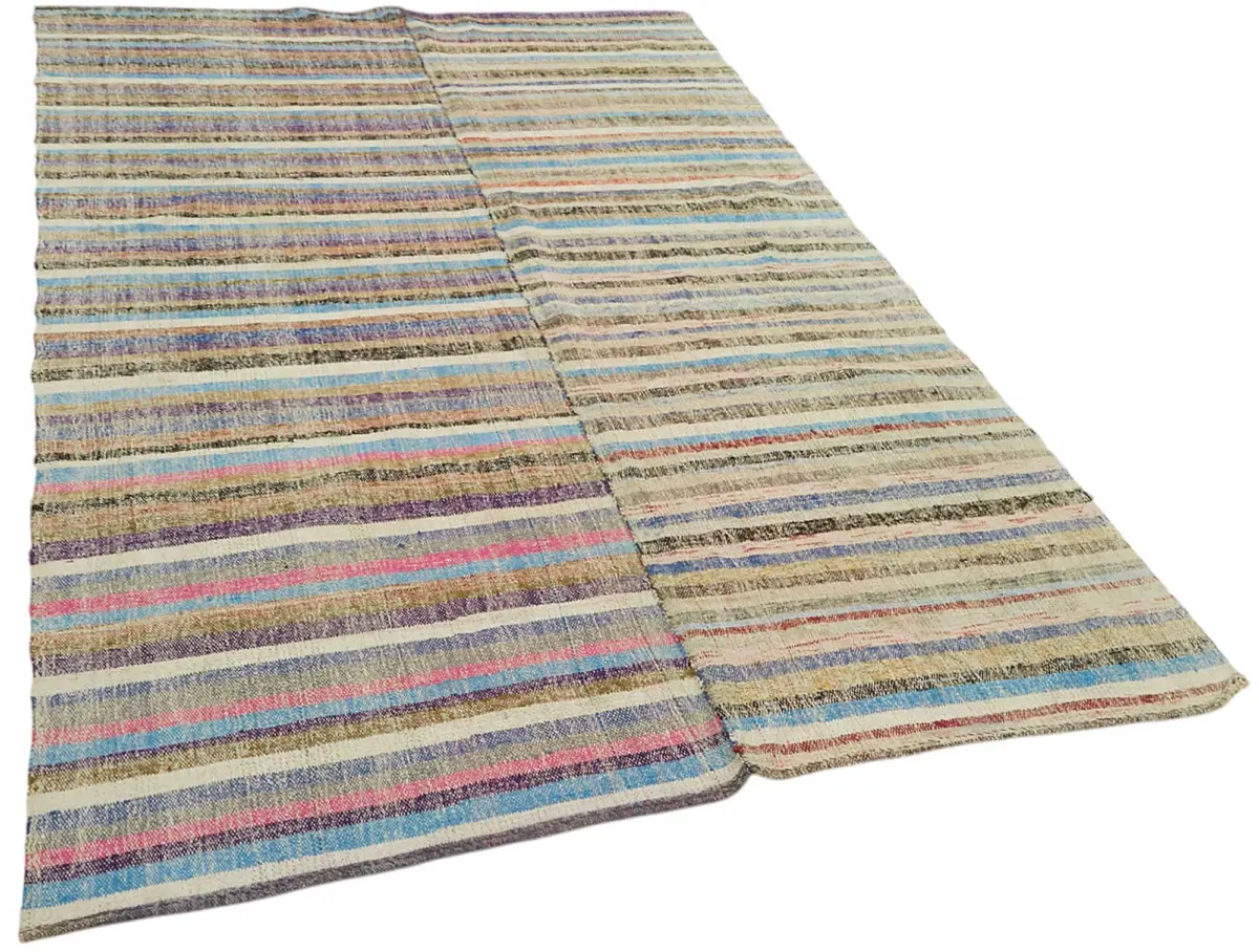 Chaput Çizgili Multi Renk Pamuk Üzerine Yün El Dokuma Kilim-176x305 - Görsel 2