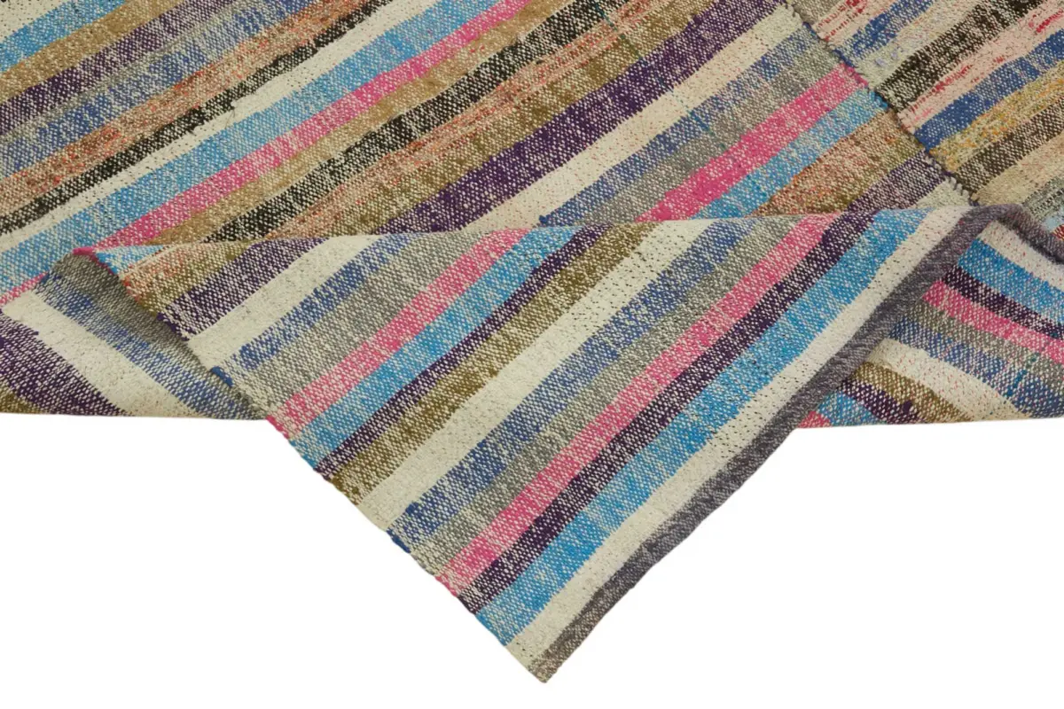 Chaput Çizgili Multi Renk Pamuk Üzerine Yün El Dokuma Kilim-176x305 - Görsel 6
