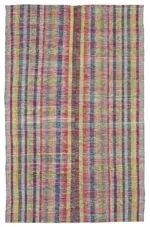 Chaput Çizgili Multi Renk Pamuk Üzerine Yün El Dokuma Kilim-178x274