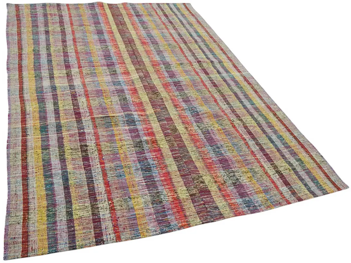 Chaput Çizgili Multi Renk Pamuk Üzerine Yün El Dokuma Kilim-178x274 - Görsel 2