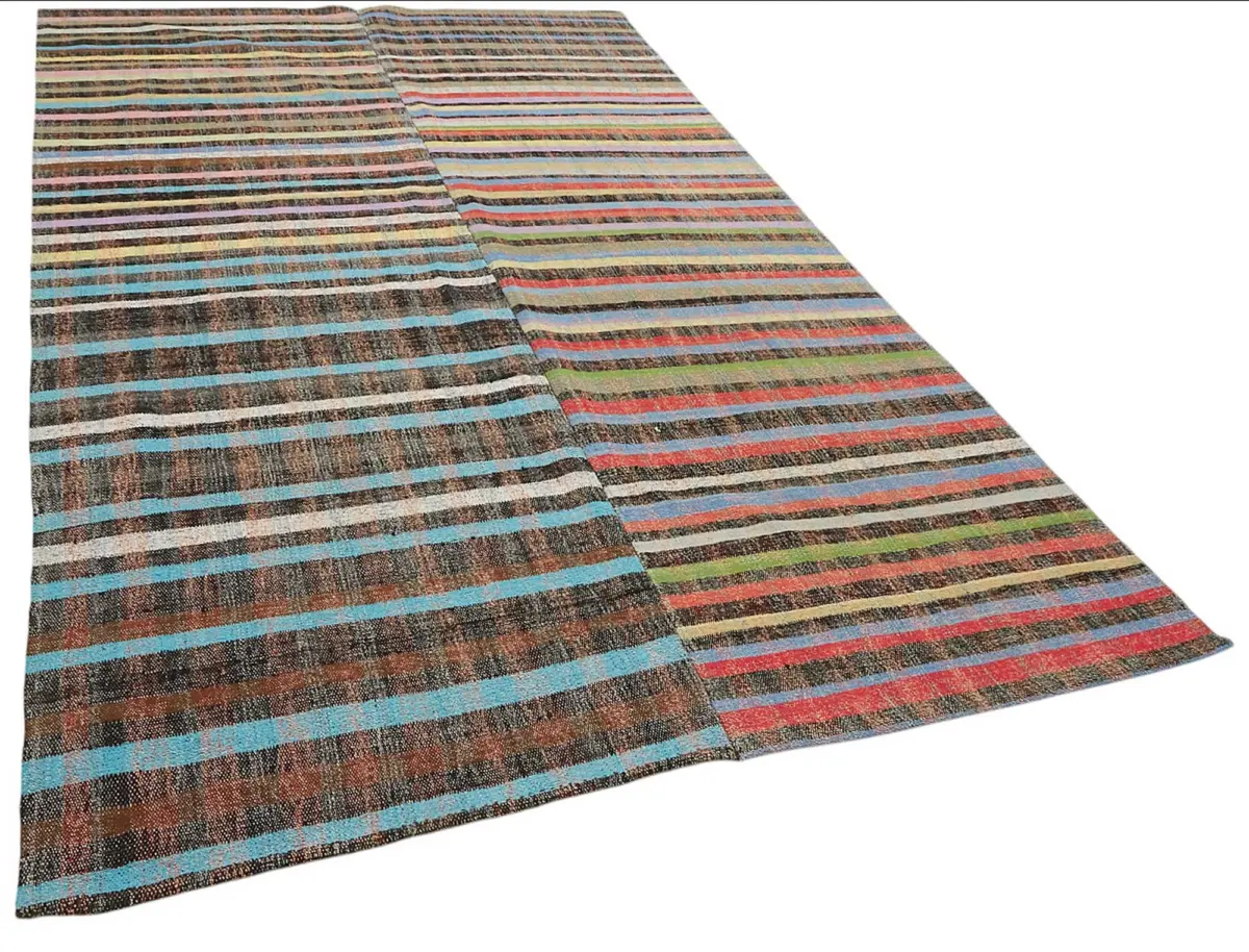 Chaput Çizgili Multi Renk Pamuk Üzerine Yün El Dokuma Kilim-189x328 - Görsel 2