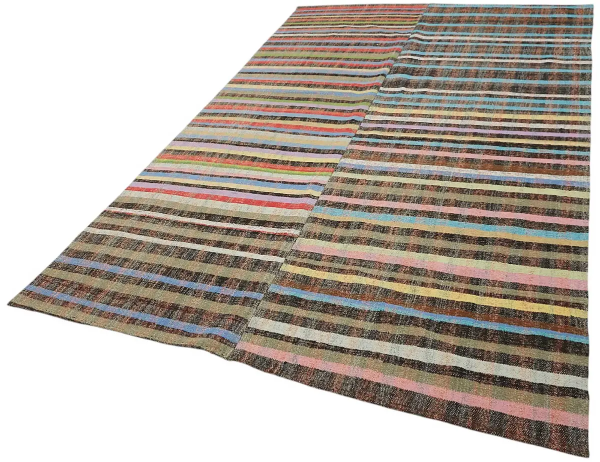 Chaput Çizgili Multi Renk Pamuk Üzerine Yün El Dokuma Kilim-189x328 - Görsel 3